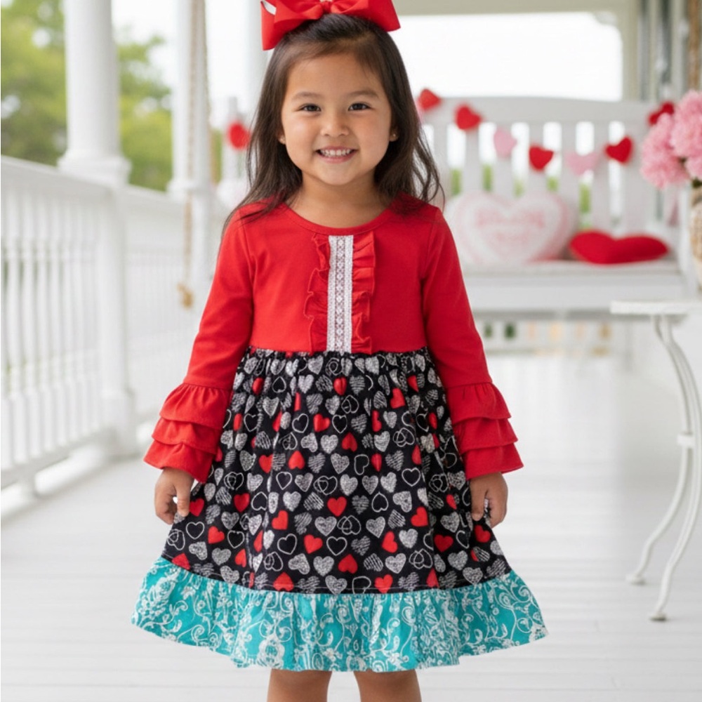 NWT Red and Black Heart Patterned Girls Casual Dress Sz 3 Valentine’s Day